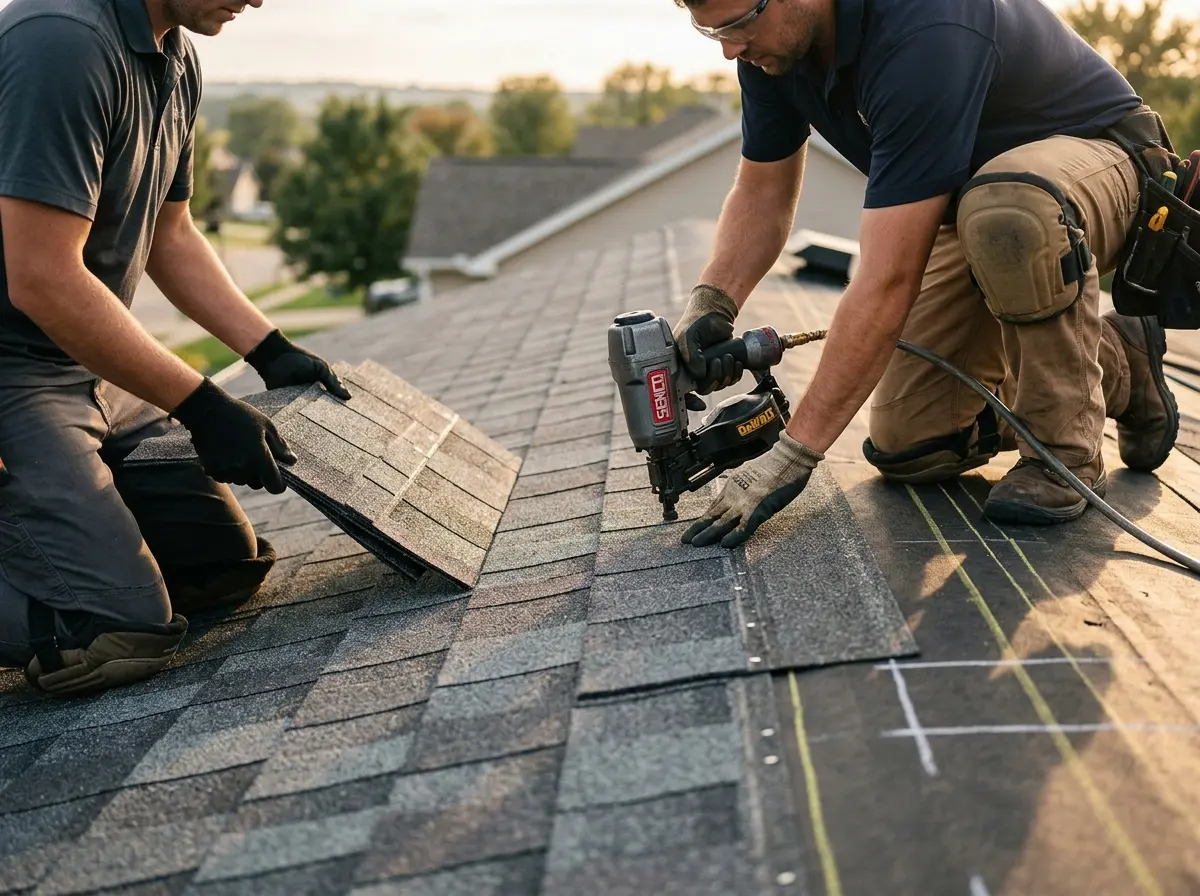Professional roofer working on a residential roof in Carrboro
